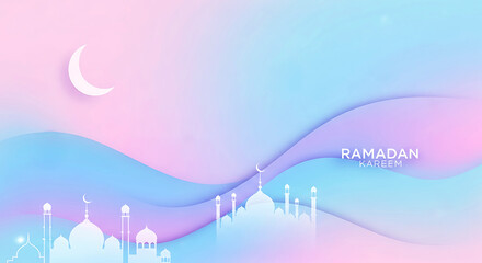 Modern Ramadan Kareem Background with Pastel Gradient Waves, Crescent Moon and Mosque Silhouette, Minimal Islamic Greeting Design for Ramadan and Eid