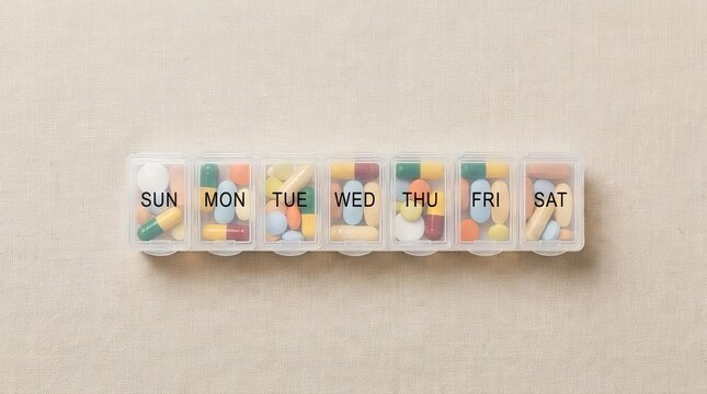 Weekly pill organizer filled with colorful medications