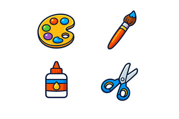 Craft supplies include a paint palette, paintbrush, glue bottle, and scissors arranged on a white background for art projects and creative activities