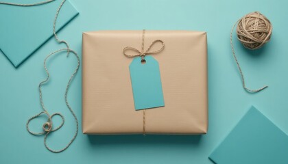 Brown Gift Box Tied With Twine And Blue Tag present