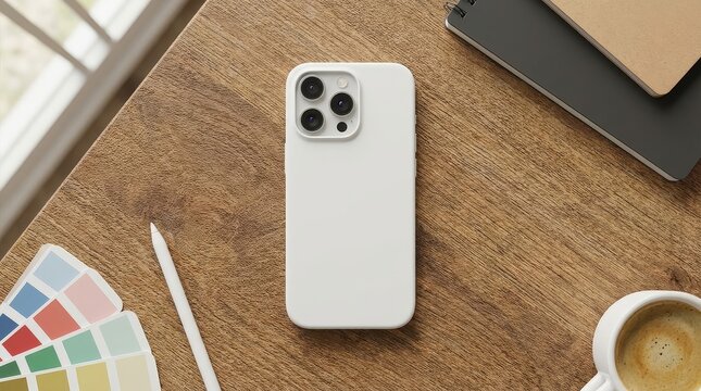 White iPhone case on wooden surface viewed from above