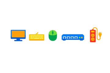 Fototapeta premium Set of computer devices such as monitor, keyboard, mouse, hub, and power strip arranged in a row on a simple background