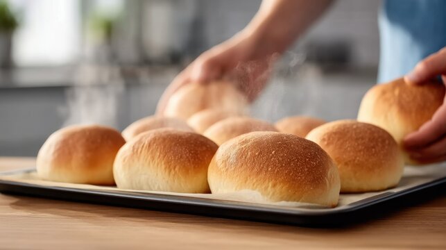 Person Baking Fresh Bread Rolls in a Cozy Kitchen, Perfect for Delicious Homemade Meals and Culinary Inspiration