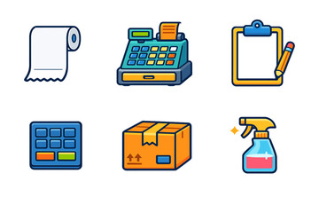 Icons of business tools used in retail settings for handling sales, inventory, and cleaning during work hours