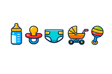 Obraz premium Various baby items including a feeding bottle, pacifier, diaper, stroller, and rattle arranged in a row