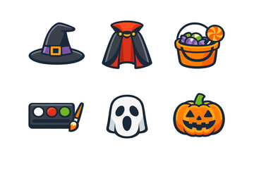 Group of Halloween themed icons including a witch hat, cape, candy bucket, paint palette, ghost, and pumpkin arranged in a colorful layout