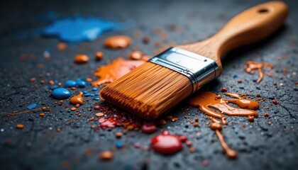 Fototapeta premium Paintbrush with orange bristles on dark surface with colorful paint splatters