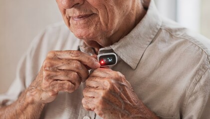 Medium shot of an elder checking the clipon health monitor attached to the collar highlighting wearable technology with a soft background blur.