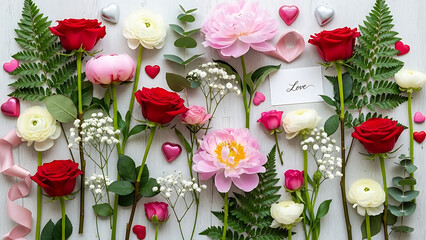 A beautiful arrangement of roses and flowers with hearts and a love note