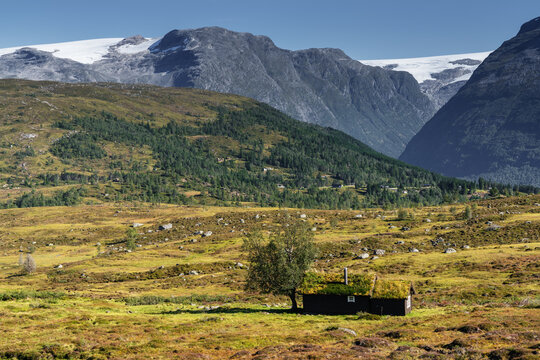 idyllic mountain landscape with cottages in the Breimsbygda hiking area high above the Innvikfjorden and Breimsvatnet Lake