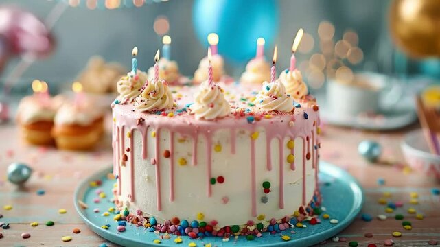 A bright cake with colourful sprinkles and candles on a festive table embodies joy, making it perfect for a cheerful backdrop in birthday invitations or cooking master classes.

