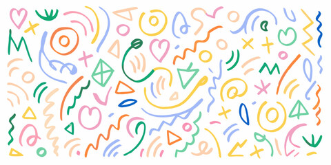 Colorful abstract doodles and shapes scattered across a white background
