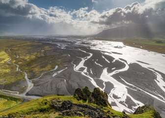 view of the Thorsmork river valley and the Katla GeoPark area in southern Iceland near Hvolsvollur