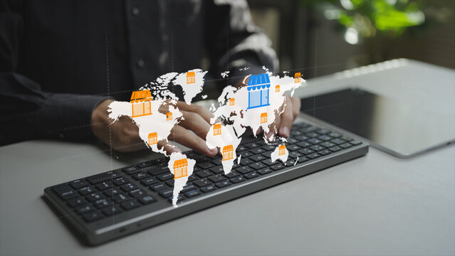 Franchise network concept showing connected branches under a unified brand identity. Strategic expansion, brand consistency and market penetration across multiple locations.