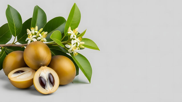 Fresh star apple caimito fruits whole and cut in half showing pulp and seeds with leaves and blossoms