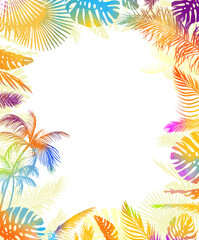 Fototapeta premium Multicolored palm leaf frame . Hand drawn. Not AI, vector illustration.