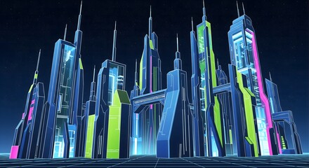 A vibrant, futuristic cityscape glows under a starry night. Tall, stylized buildings with neon accents create a dynamic architectural composition. Lines and grids suggest advanced technology