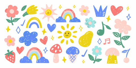 A playful collection of colorful hand drawn illustrations suns rainbows flowers and more