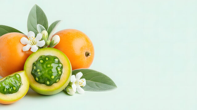 Lulo fruit with orange peel and green seedy interior on light background