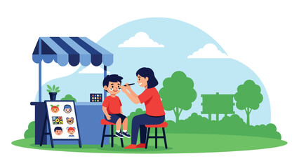 Naklejka premium Flat vector illustration of a kid getting face paint at a theme park booth with canopy, sample designs board, queue stanchions and cheerful decor. Solid colors, no gradients