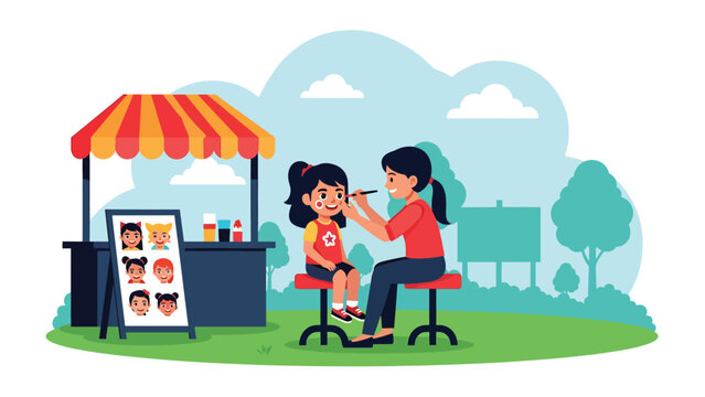 Flat vector illustration of a kid getting face paint at a theme park booth with canopy, sample designs board, queue stanchions and cheerful decor. Solid colors, no gradients