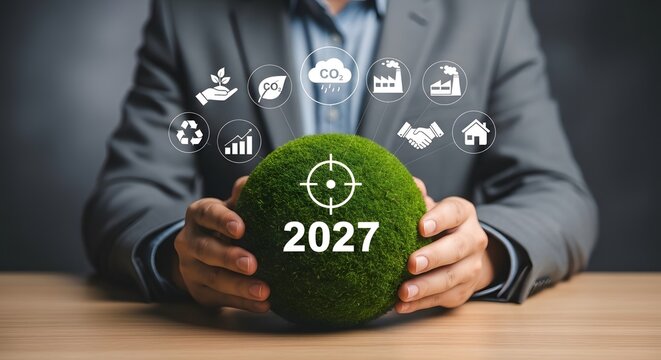 Man in suit holding green sphere with target and year two thousand and twenty seven overlayed