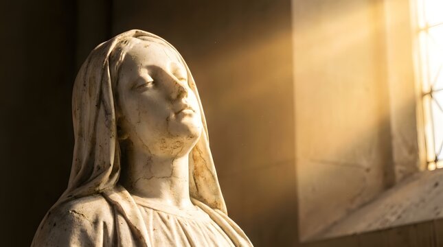 Marble statue of the virgin Mary bathed in golden light. Religious art and catholic faith concept for spiritual inspiration and prayer.