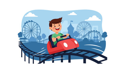 Flat vector illustration of a kid riding a gentle family roller coaster with safety bar, curved track, fun flags, speed lines and park skyline silhouettes. Solid colors, no gradients © Amie