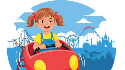 Flat vector illustration of a kid riding a gentle family roller coaster with safety bar, curved track, fun flags, speed lines and park skyline silhouettes. Solid colors, no gradients © Amie
