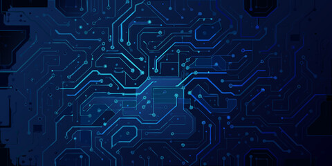 Abstract blue circuit board pattern with glowing lines and digital connections