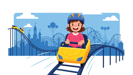 Flat vector illustration of a kid riding a gentle family roller coaster with safety bar, curved track, fun flags, speed lines and park skyline silhouettes. Solid colors, no gradients © Amie