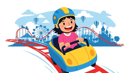 Flat vector illustration of a kid riding a gentle family roller coaster with safety bar, curved track, fun flags, speed lines and park skyline silhouettes. Solid colors, no gradients © Amie