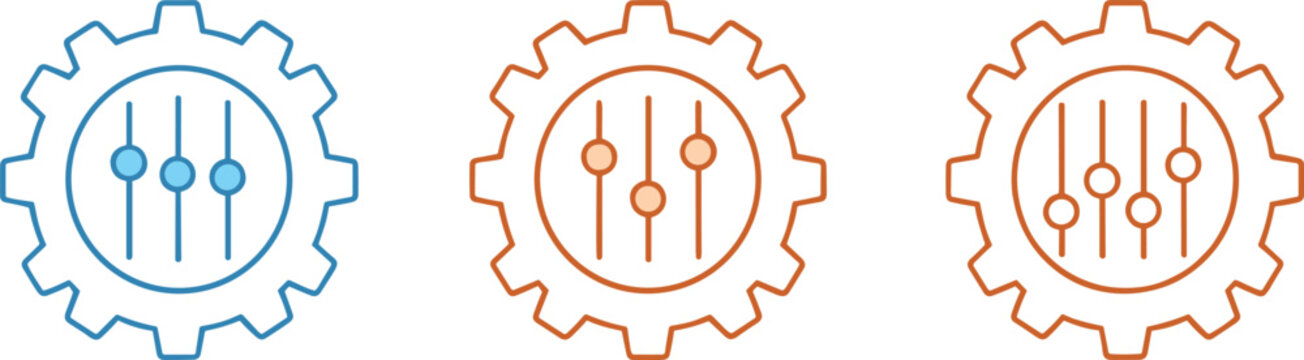 Settings gear slider icon set in outline style for system controls preferences configuration and UI design