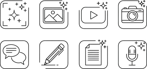 Monochromatic line icon set with a sparkling effect, depicting essential creative and media-related elements for user interfaces.