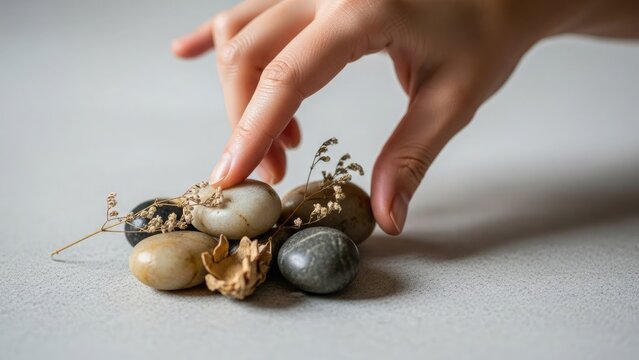hand touching smooth stones and dry plants on white surface