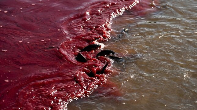 Red tide algae bloom in ocean water along coast with dead fish. Environmental disaster and water pollution concept for ecology awareness.