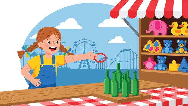 Flat vector illustration of a kid playing ring toss at a carnival game stall with striped canopy, prize shelves, ticket counter and round bulb lights. Solid colors, no gradients