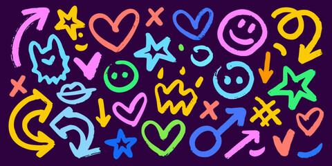 Obraz premium Colorful doodle collection featuring hearts stars arrows and playful hand drawn shapes