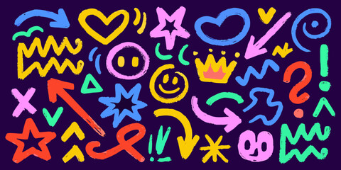 Obraz premium Colorful doodle art with hearts stars and playful symbols on a dark background