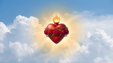 Fototapeta premium Sacred Heart of Jesus with flame, thorns, and roses on a cloud background. Religious symbol of divine love for christian faith.
