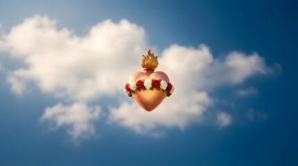 Fototapeta premium Sacred Heart of Jesus with flame and roses floating against a blue sky with clouds. Religious symbol for faith, love, and devotion.