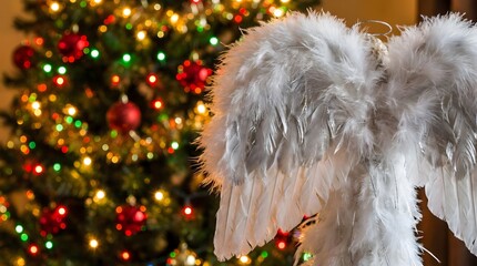Fototapeta premium Decorative angel wings with halo, featuring white feathers, set against a blurred Christmas tree background with festive lights and ornaments.