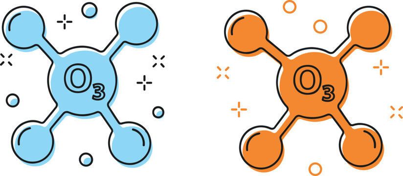 Ozone molecule icon set in colorful flat outline style for chemistry science environment and education design