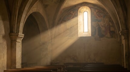 Fototapeta premium Sunlight through window in historic church interior. Ray of light illuminates ancient fresco and wooden pews. Spiritual serenity concept for worship.