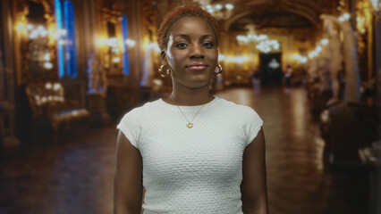 Obraz premium Woman face smiling gently in a lavish ornate museum hall with chandelier and sculpture backdrop; serenity.