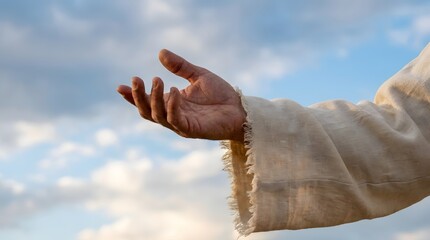 Fototapeta premium Hand of Jesus Christ reaching out against a blue sky with clouds. Religious offering, blessing, or receiving concept. Easter and Christmas theme.