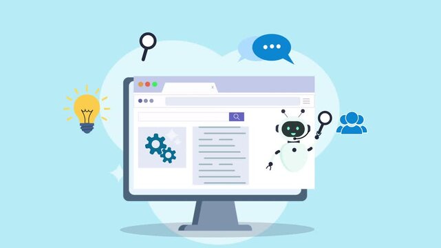 Computer screen displaying web browser with icons representing technology and business concepts.