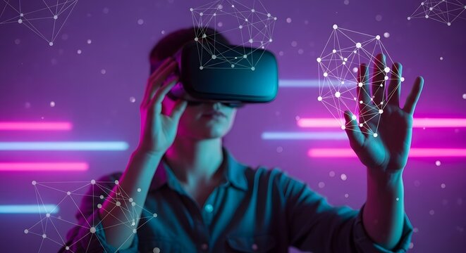 Immersive virtual reality experience with vr headset and metaverse technology for digital future