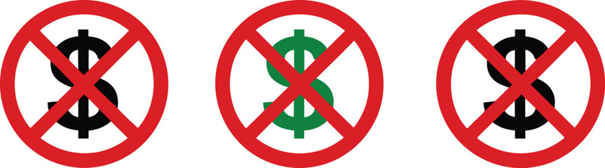 Obraz premium No Money symbol icon set with crossed dollar sign for prohibition restriction finance warning and design