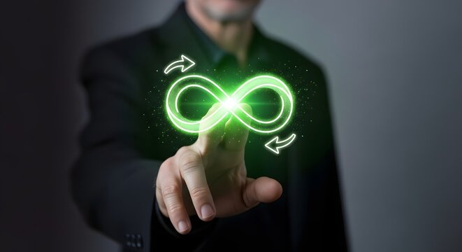 Infinity loop concept with hand touching green infinity symbol for sustainable business model